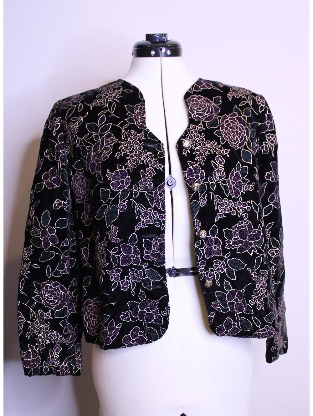 VTG Black Velvet Dark Floral Formal Whimsy Jacket - Medium